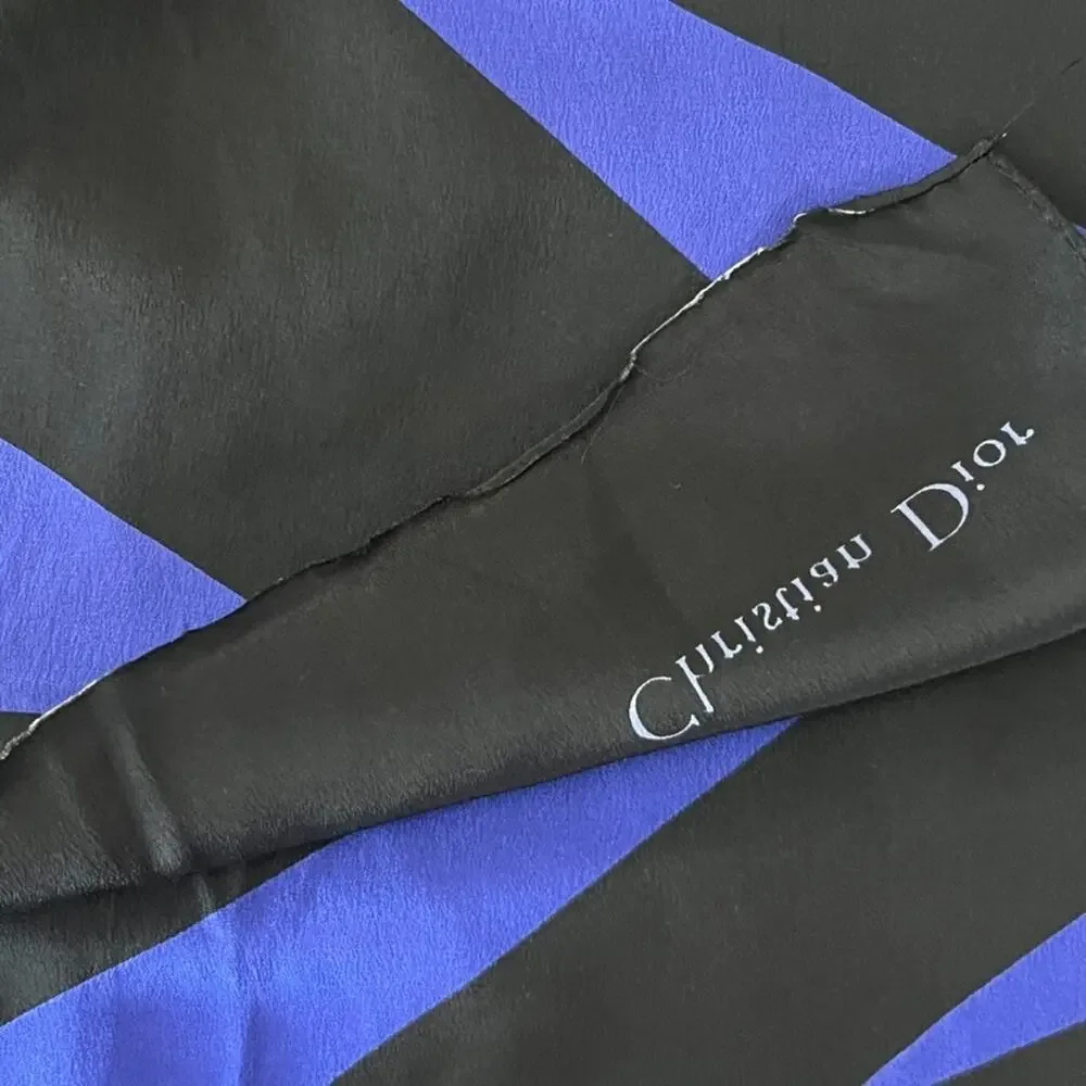 Christian Dior Silk Scarf Unisex Blue/Black Striped Pattern 14